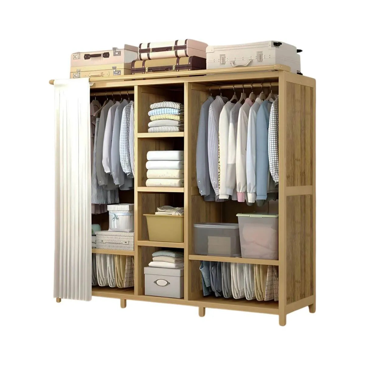 Bamboo Wardrobe Armoire With Curtain Doors and Tiered Storage