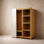 Bamboo Wardrobe Armoire With Curtain Doors and Tiered Storage