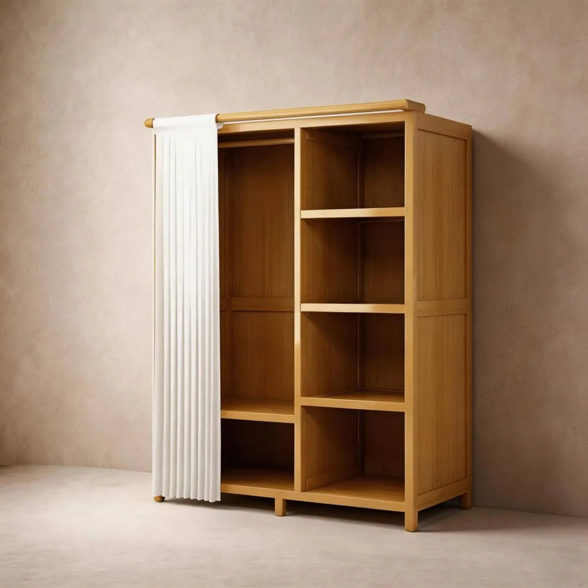 Bamboo Wardrobe Armoire With Curtain Doors and Tiered Storage