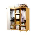 Bamboo Wardrobe Armoire With Curtain Doors and Tiered Storage