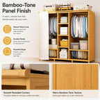 Bamboo Wardrobe Armoire With Curtain Doors and Tiered Storage
