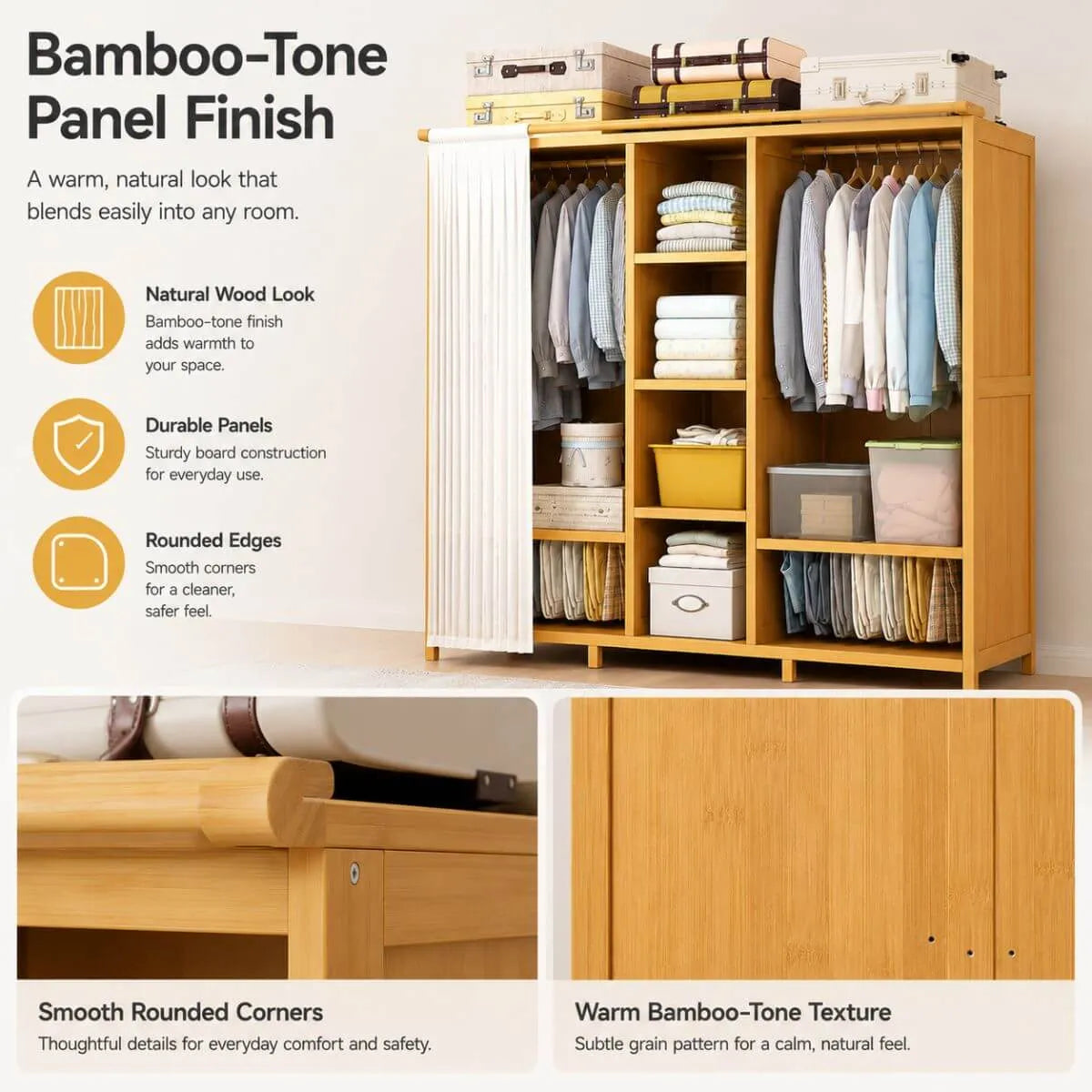 Bamboo Wardrobe Armoire With Curtain Doors and Tiered Storage