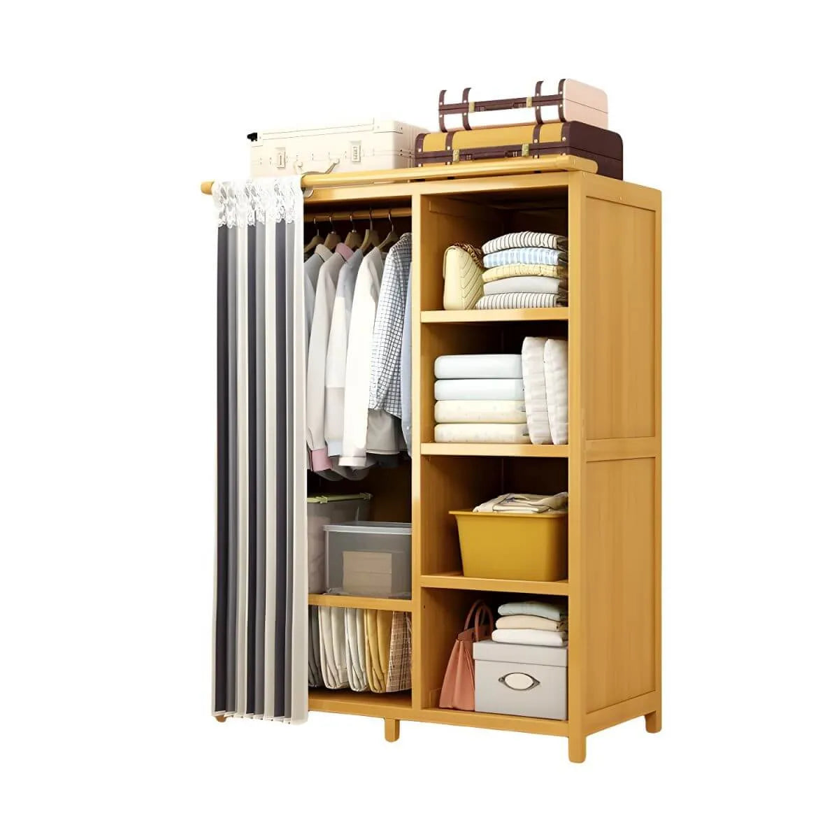 Bamboo Wardrobe Armoire With Curtain Doors and Tiered Storage