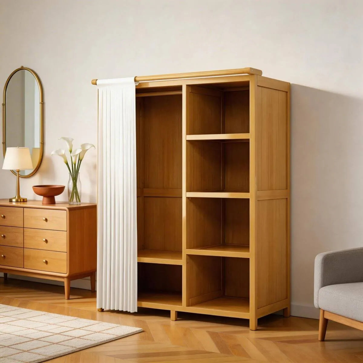 Bamboo Wardrobe Armoire With Curtain Doors and Tiered Storage