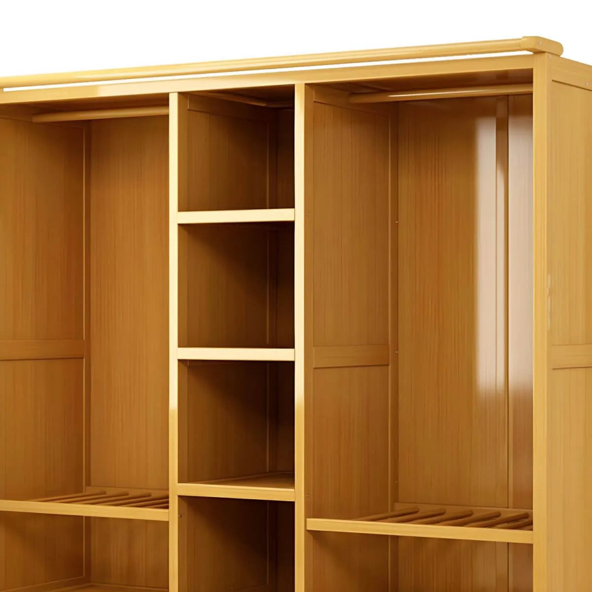 Bamboo Wardrobe Armoire With Curtain Doors and Tiered Storage