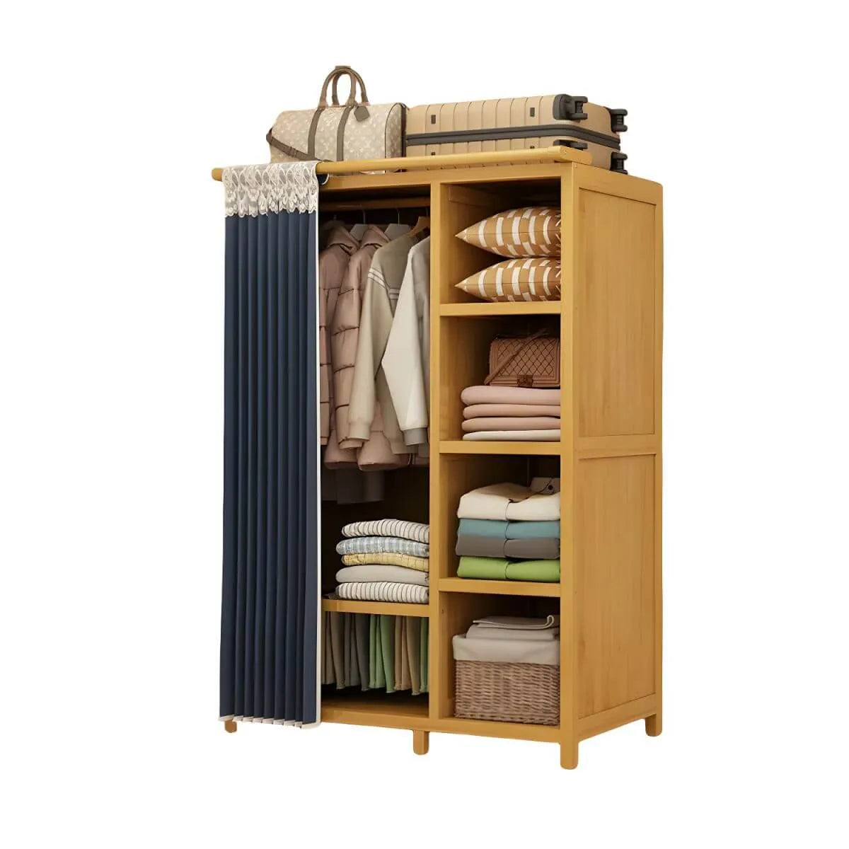 Bamboo Wardrobe Armoire With Curtain Doors and Tiered Storage