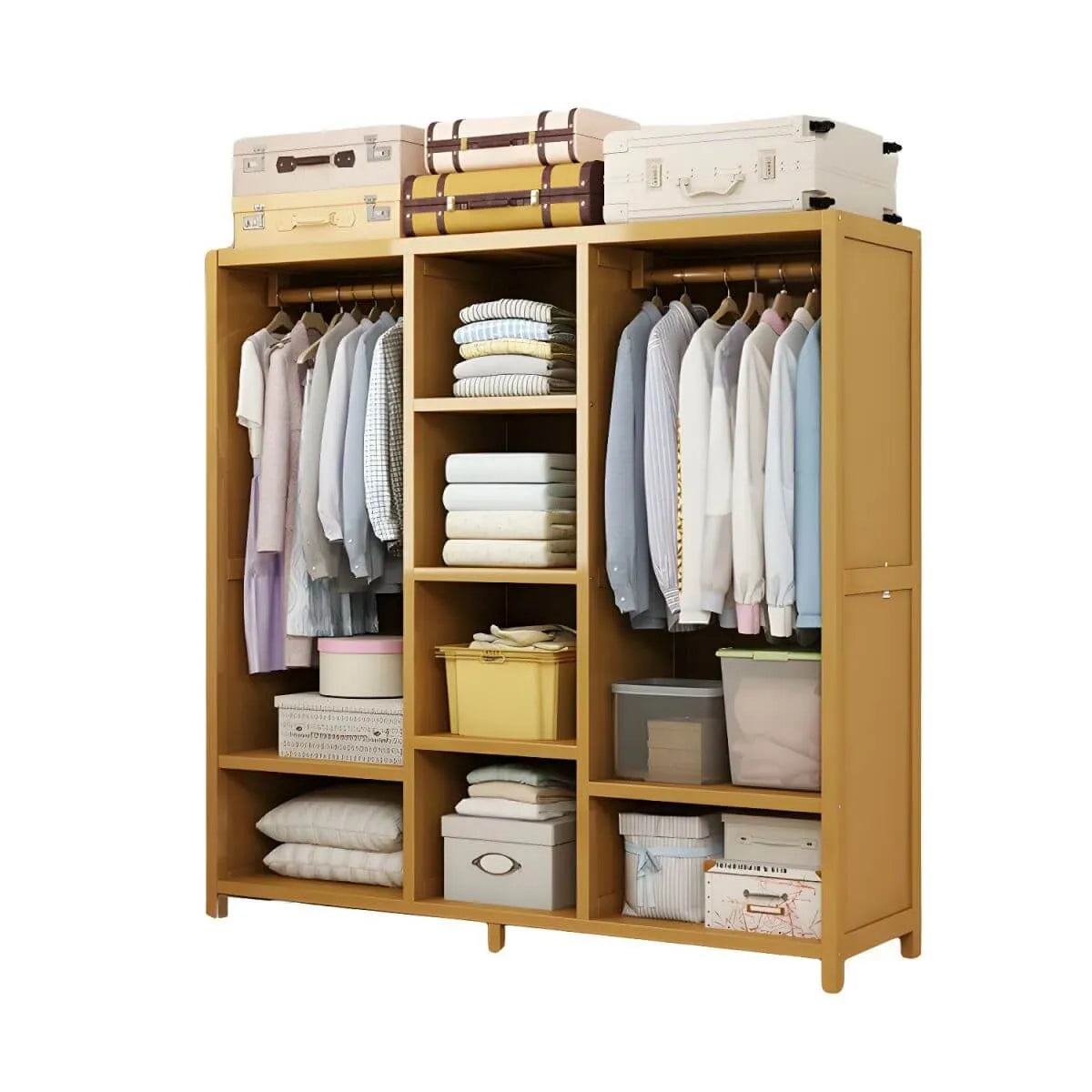 Bamboo Wardrobe Armoire With Curtain Doors and Tiered Storage