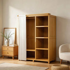 Bamboo Wardrobe Armoire With Curtain Doors and Tiered Storage
