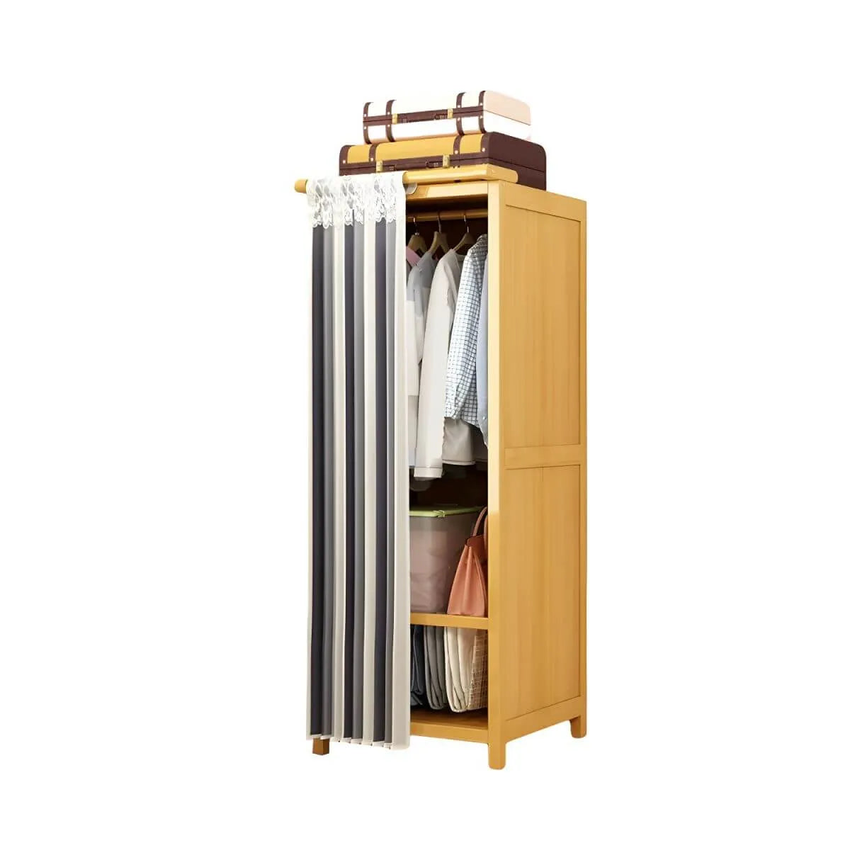 Bamboo Wardrobe Armoire With Curtain Doors and Tiered Storage