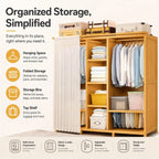 Bamboo Wardrobe Armoire With Curtain Doors and Tiered Storage