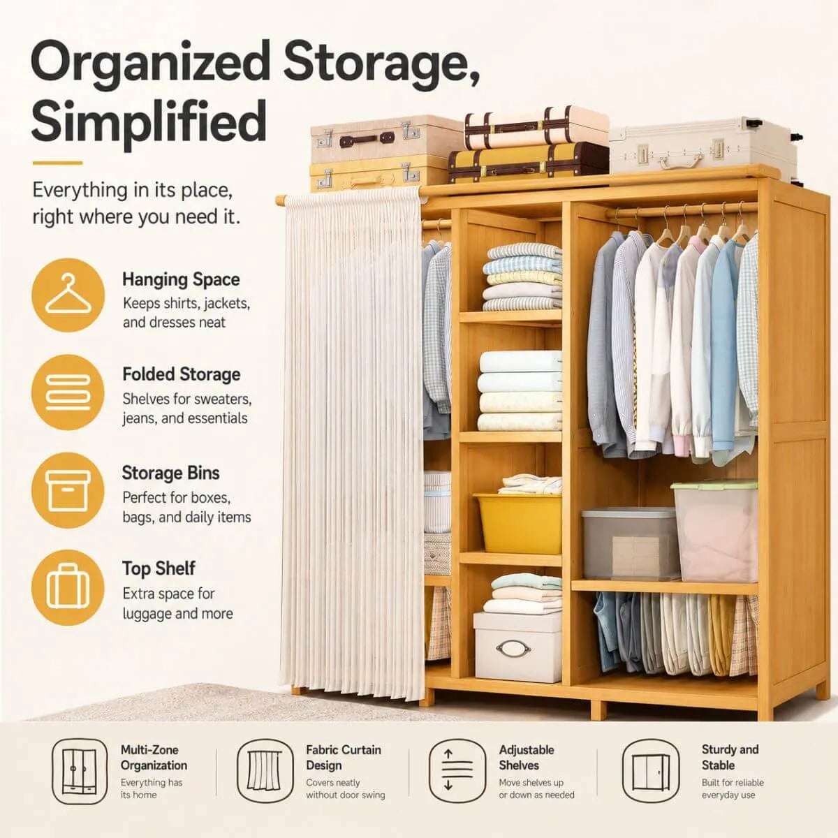 Bamboo Wardrobe Armoire With Curtain Doors and Tiered Storage