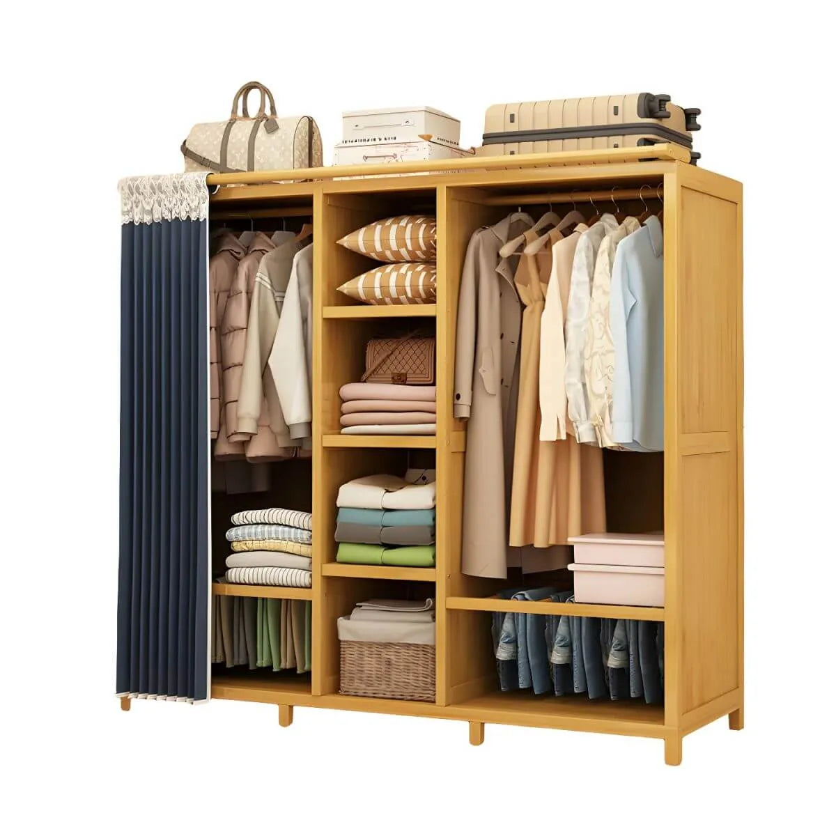 Bamboo Wardrobe Armoire With Curtain Doors and Tiered Storage