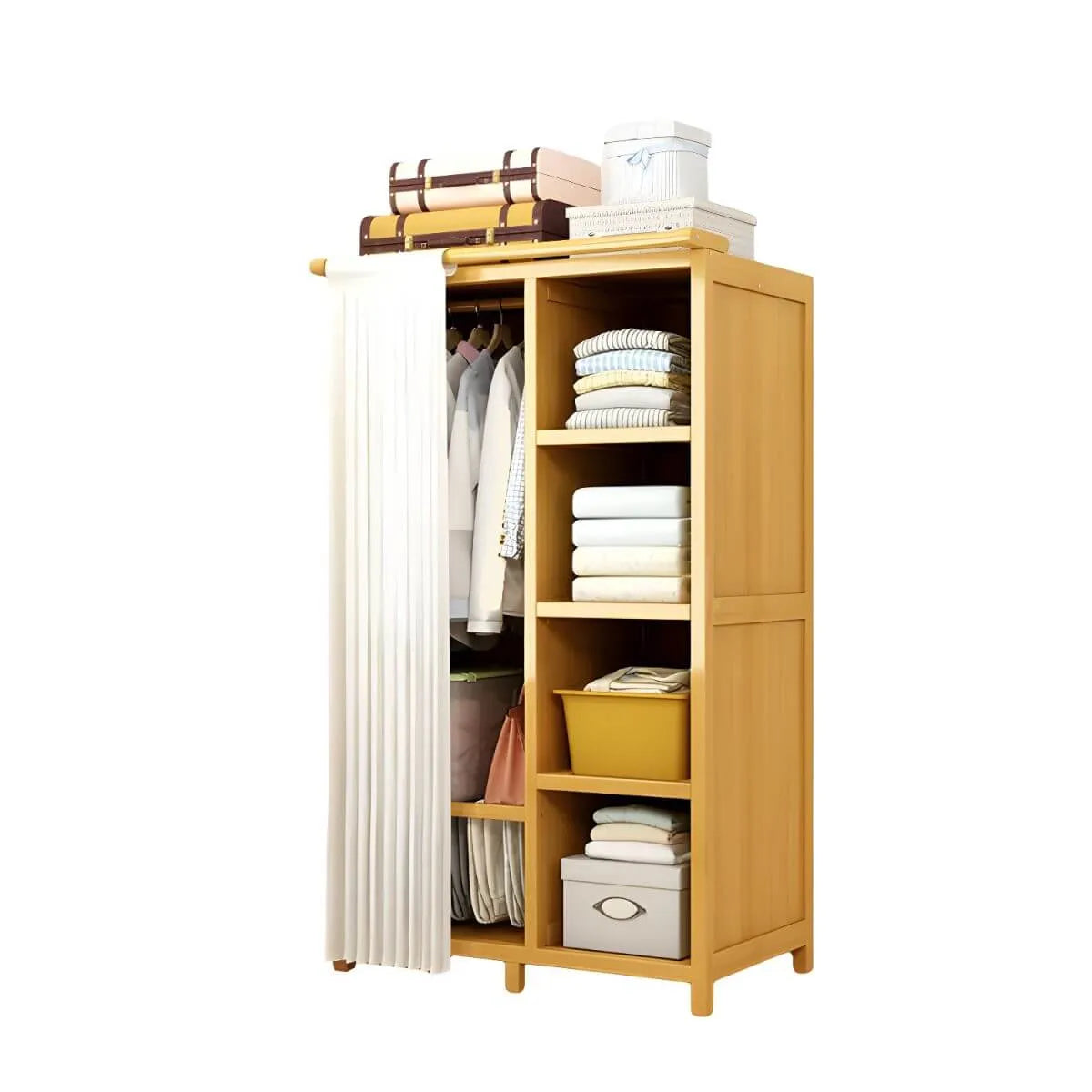 Bamboo Wardrobe Armoire With Curtain Doors and Tiered Storage