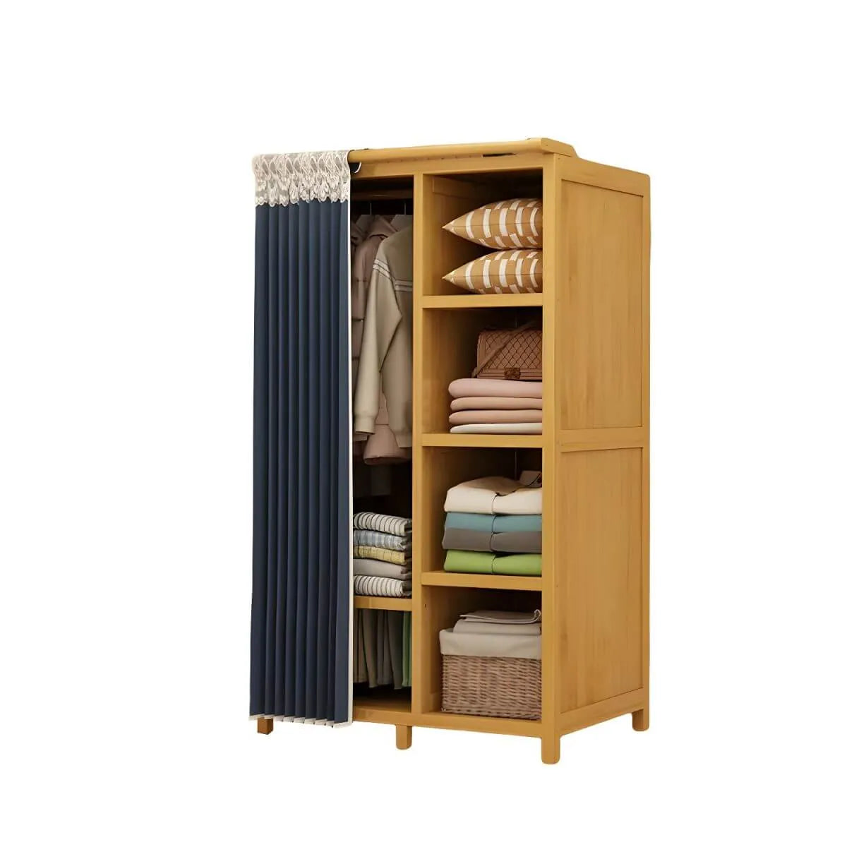 Bamboo Wardrobe Armoire With Curtain Doors and Tiered Storage