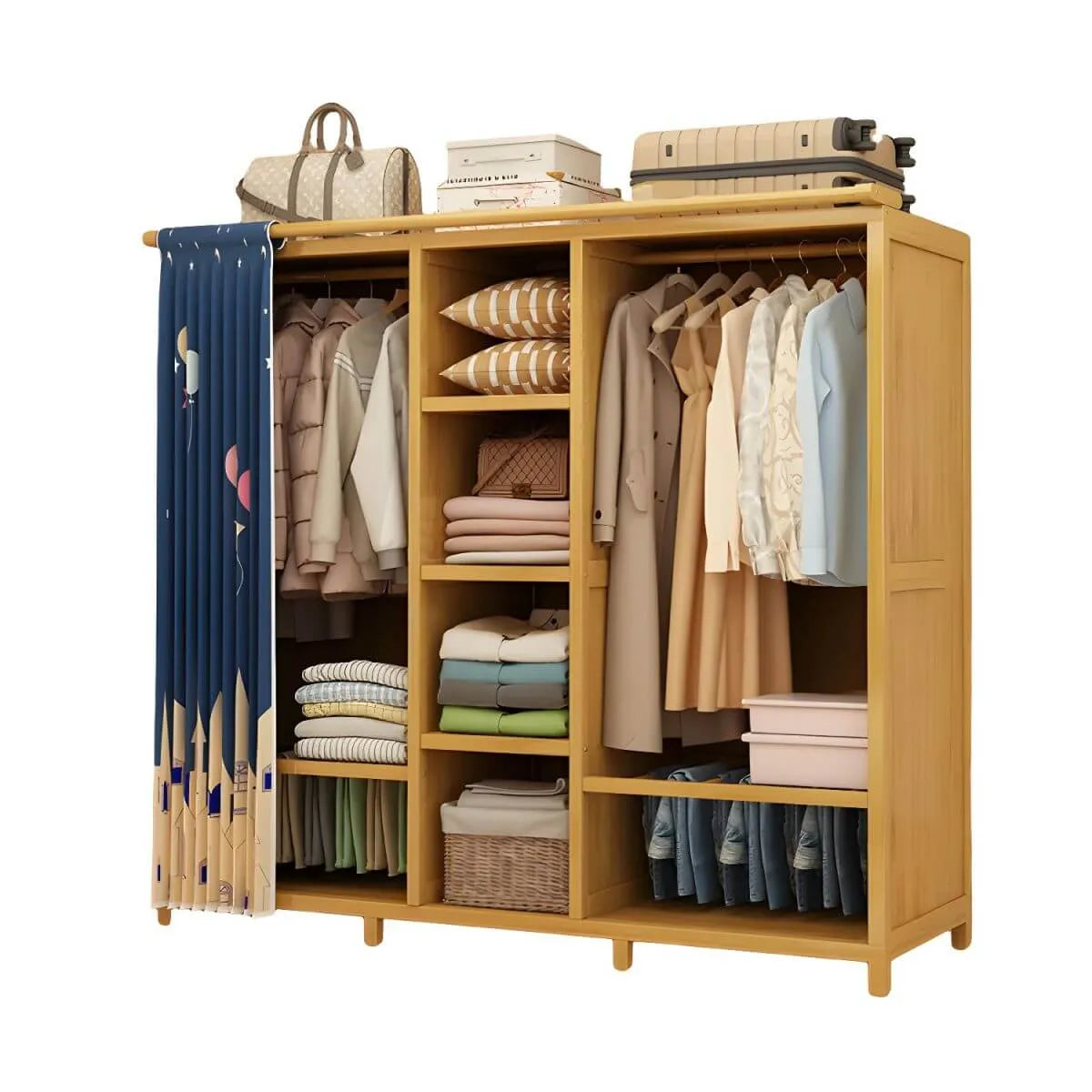 Bamboo Wardrobe Armoire With Curtain Doors and Tiered Storage
