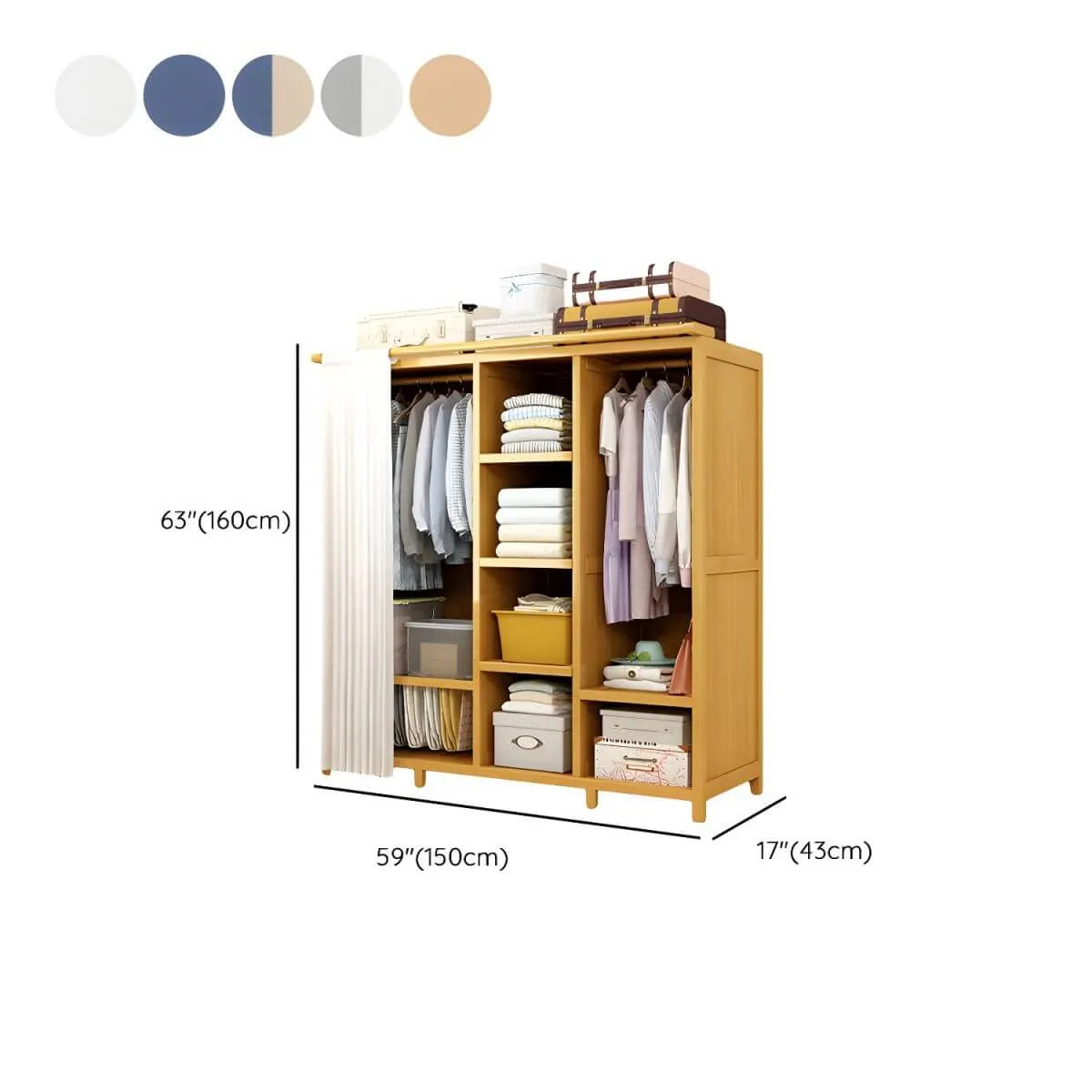 Bamboo Wardrobe Armoire With Curtain Doors and Tiered Storage Dimensions
