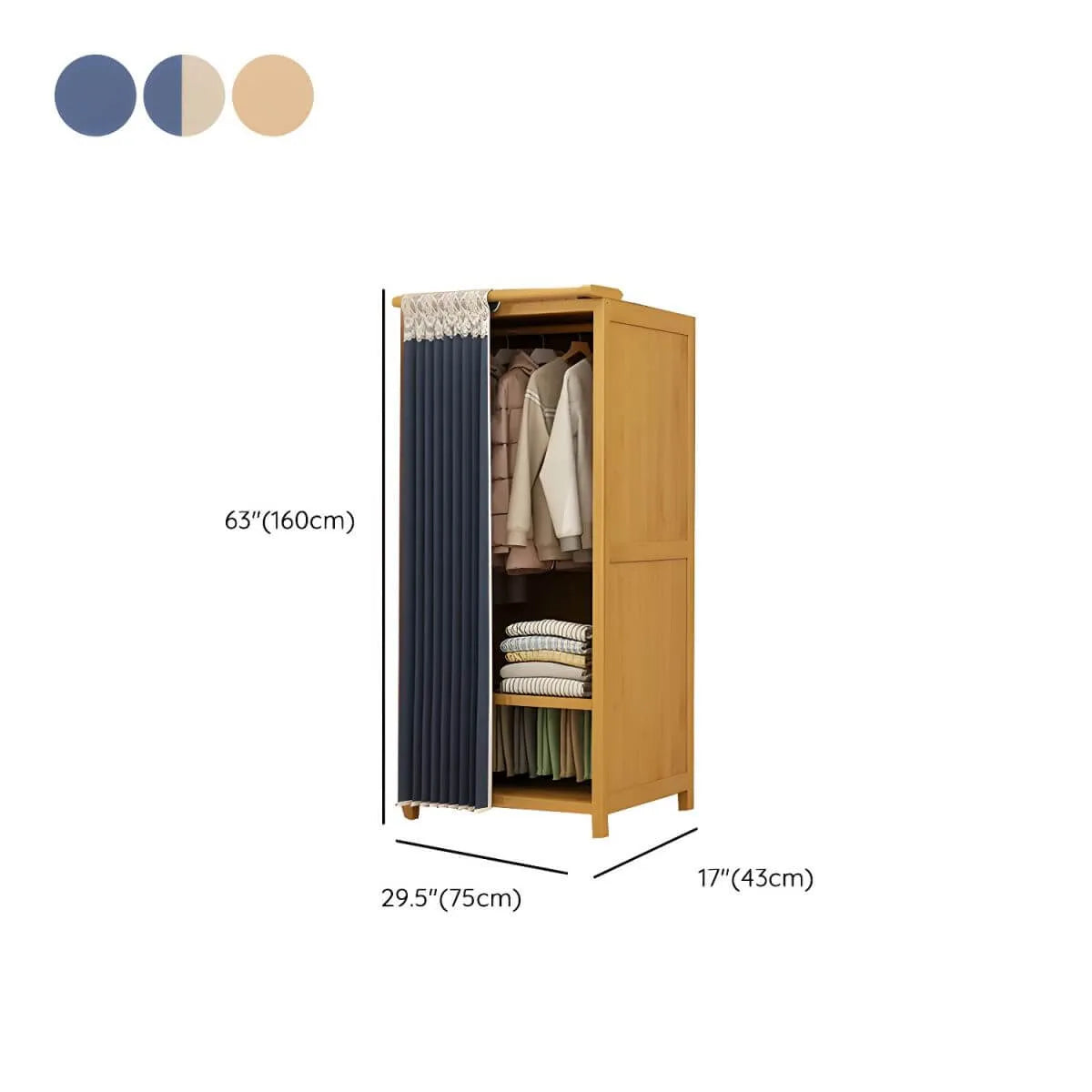 Bamboo Wardrobe Armoire With Curtain Doors and Tiered Storage Dimensions