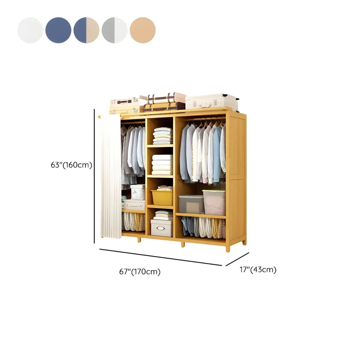 Bamboo Wardrobe Armoire With Curtain Doors and Tiered Storage Dimensions