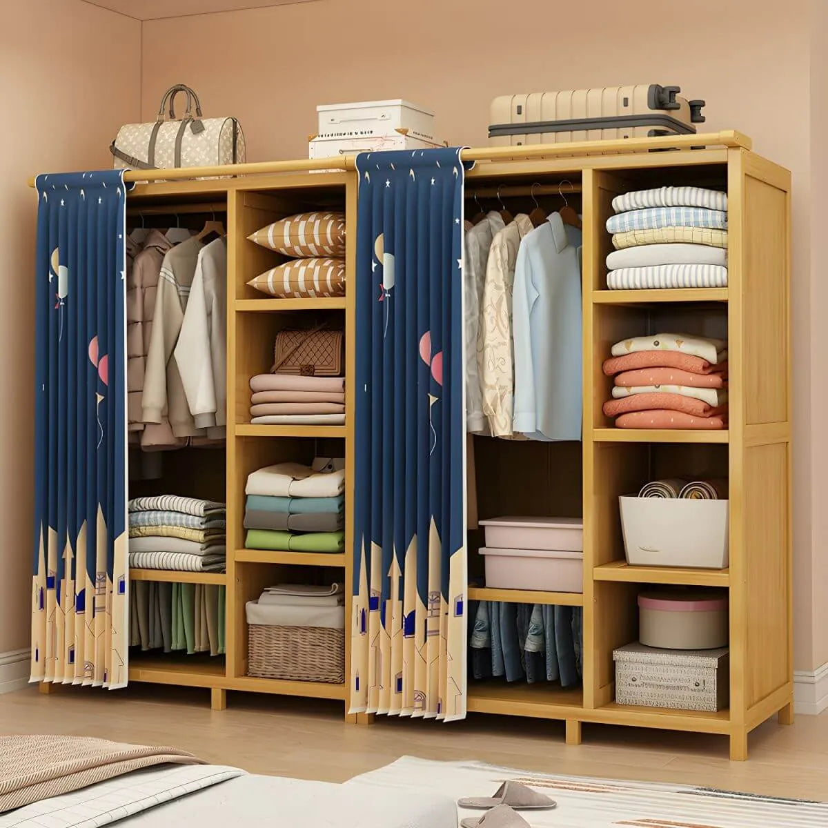 Bamboo Wardrobe Armoire With Curtain Doors and Tiered Storage Main Product Image