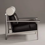 Bauhaus-Inspired Stainless Steel Lounge Chair with Nappa Leather and Textured Fabric Accents