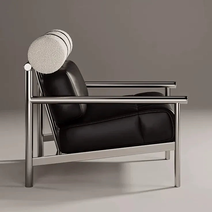 Bauhaus-Inspired Stainless Steel Lounge Chair with Nappa Leather and Textured Fabric Accents