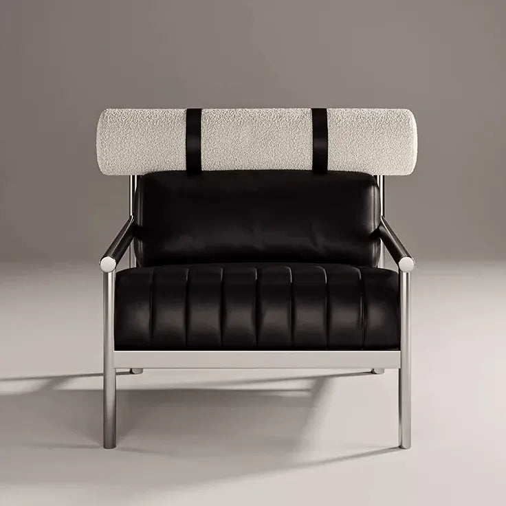 Bauhaus-Inspired Stainless Steel Lounge Chair with Nappa Leather and Textured Fabric Accents