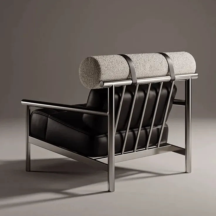 Bauhaus-Inspired Stainless Steel Lounge Chair with Nappa Leather and Textured Fabric Accents