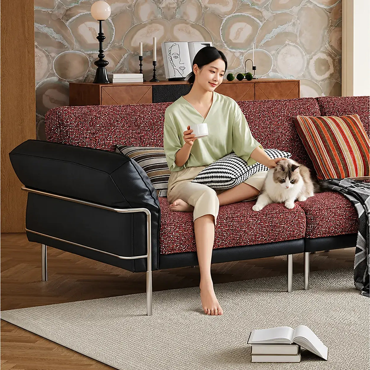 Bauhaus Sofa in Mixed Tweed and Leather with Steel Frame Lounge Appeal