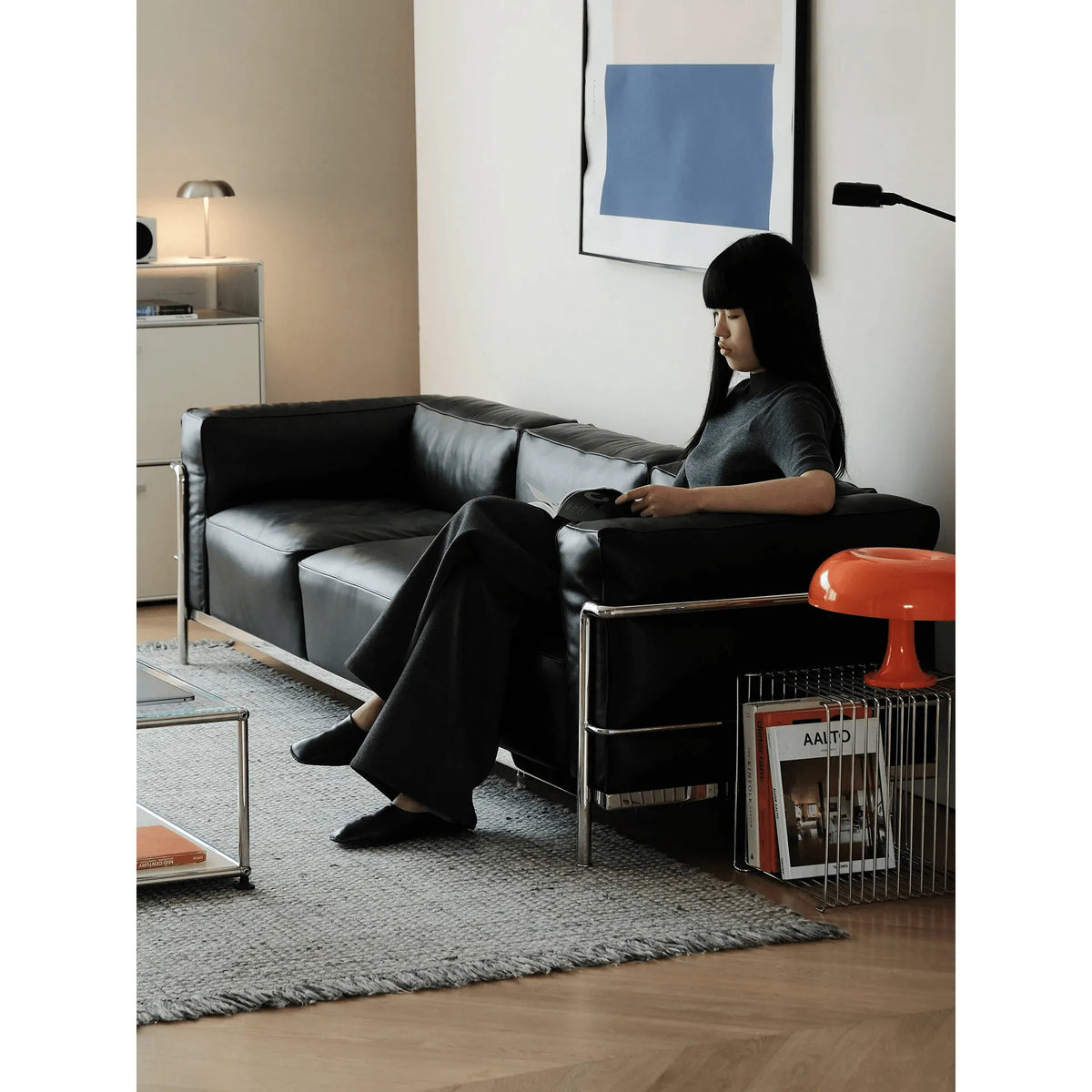 Bauhaus Sofa in Tumbled Top Grain Leather with Sculptural Steel Frame