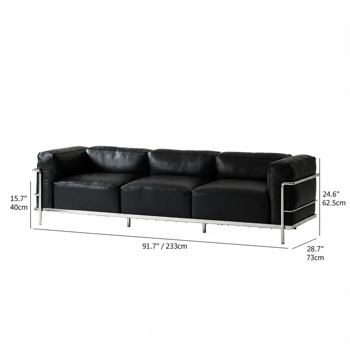 Bauhaus Sofa in Tumbled Top Grain Leather with Sculptural Steel Frame Dimensions