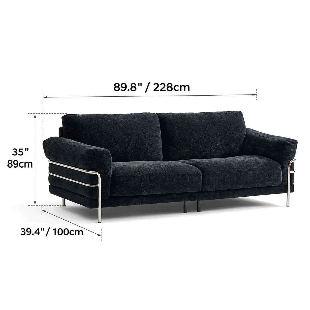 Bauhaus Sofa Series in Chenille with Steel Arms, Washable Cushions and High Legs Dimensions