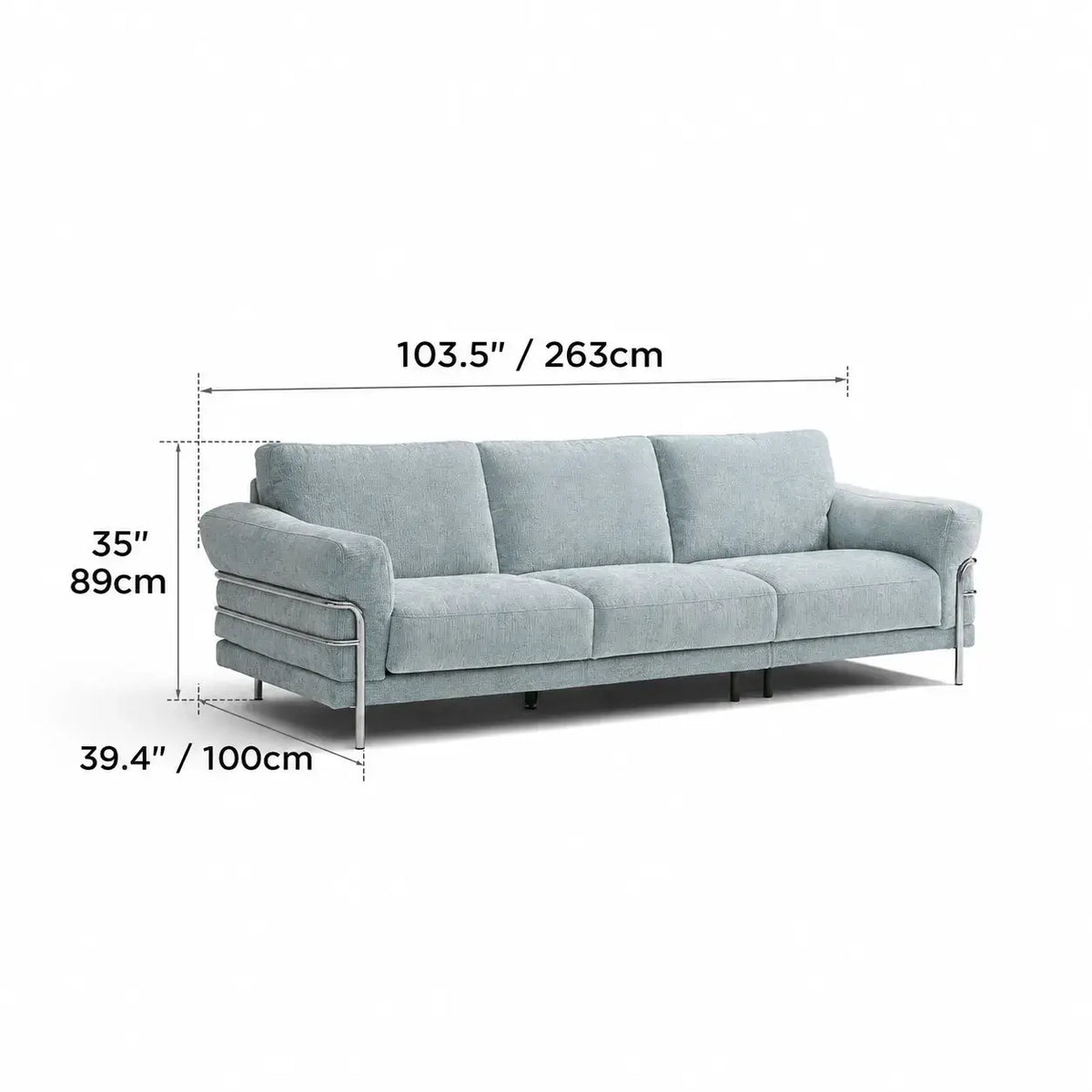 Bauhaus Sofa Series in Chenille with Steel Arms, Washable Cushions and High Legs