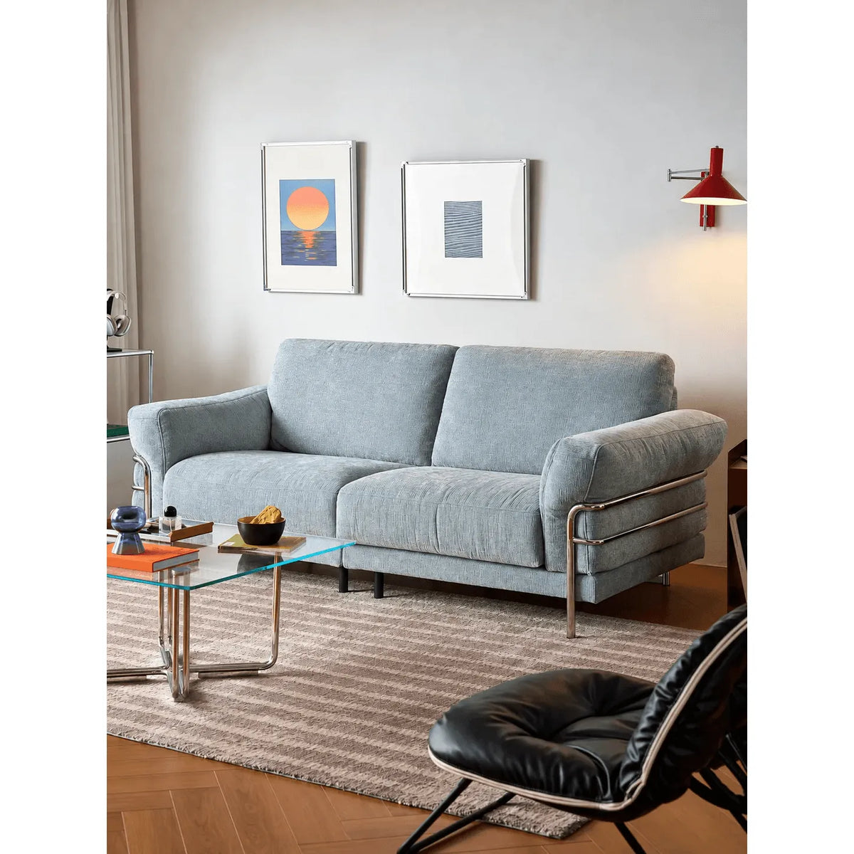 Bauhaus Sofa Series in Chenille with Steel Arms, Washable Cushions and High Legs