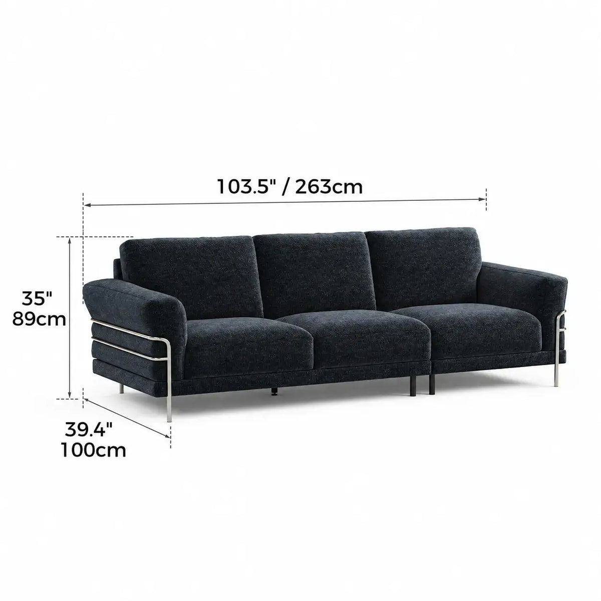 Bauhaus Sofa Series in Chenille with Steel Arms, Washable Cushions and High Legs Dimensions