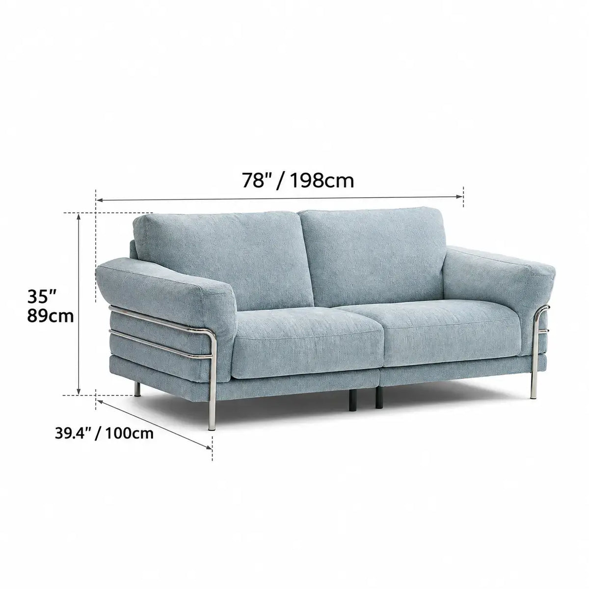 Bauhaus Sofa Series in Chenille with Steel Arms, Washable Cushions and High Legs