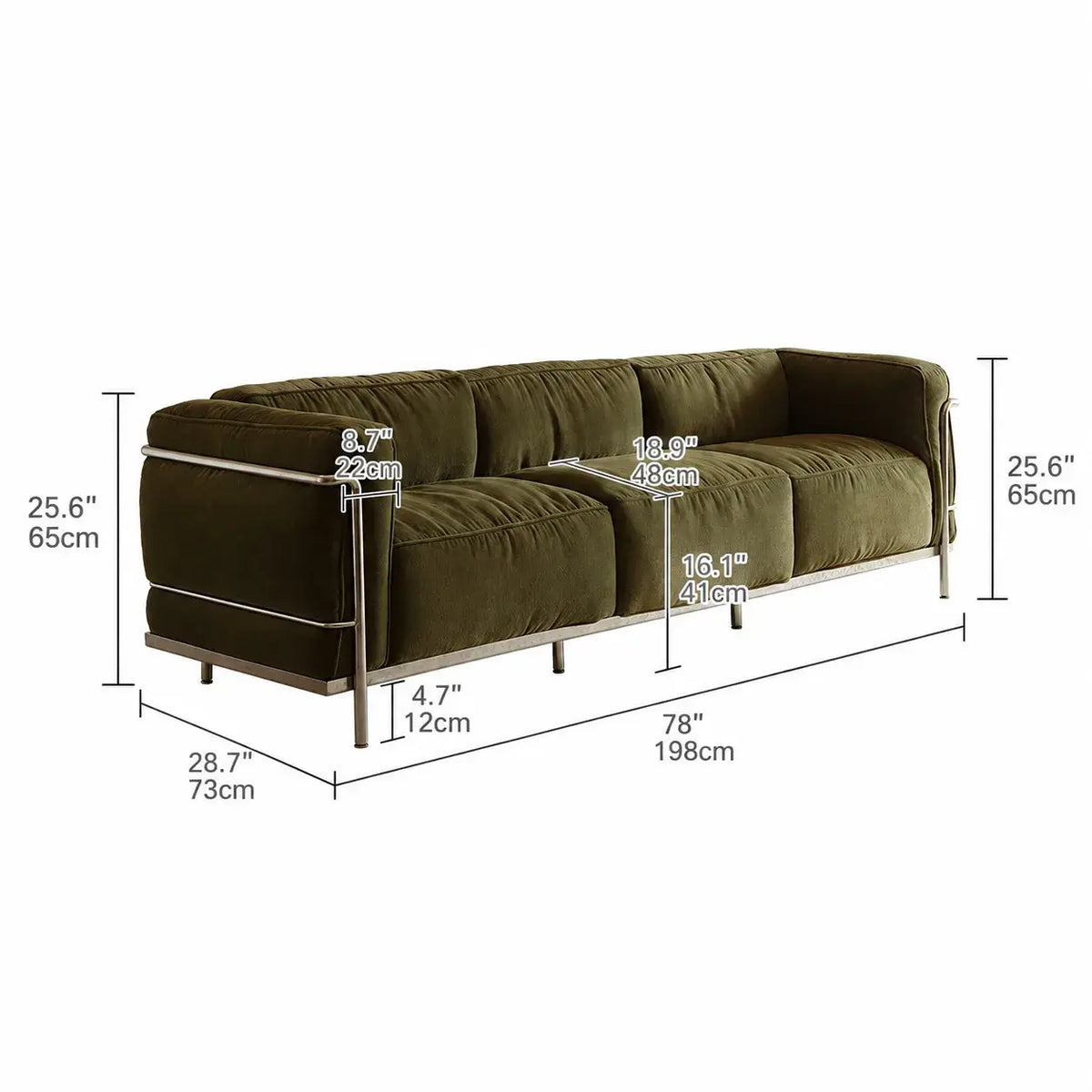 Bauhaus Sofa Series With Exposed Steel Frame and Deep Plush Lounge Seats Dimensions