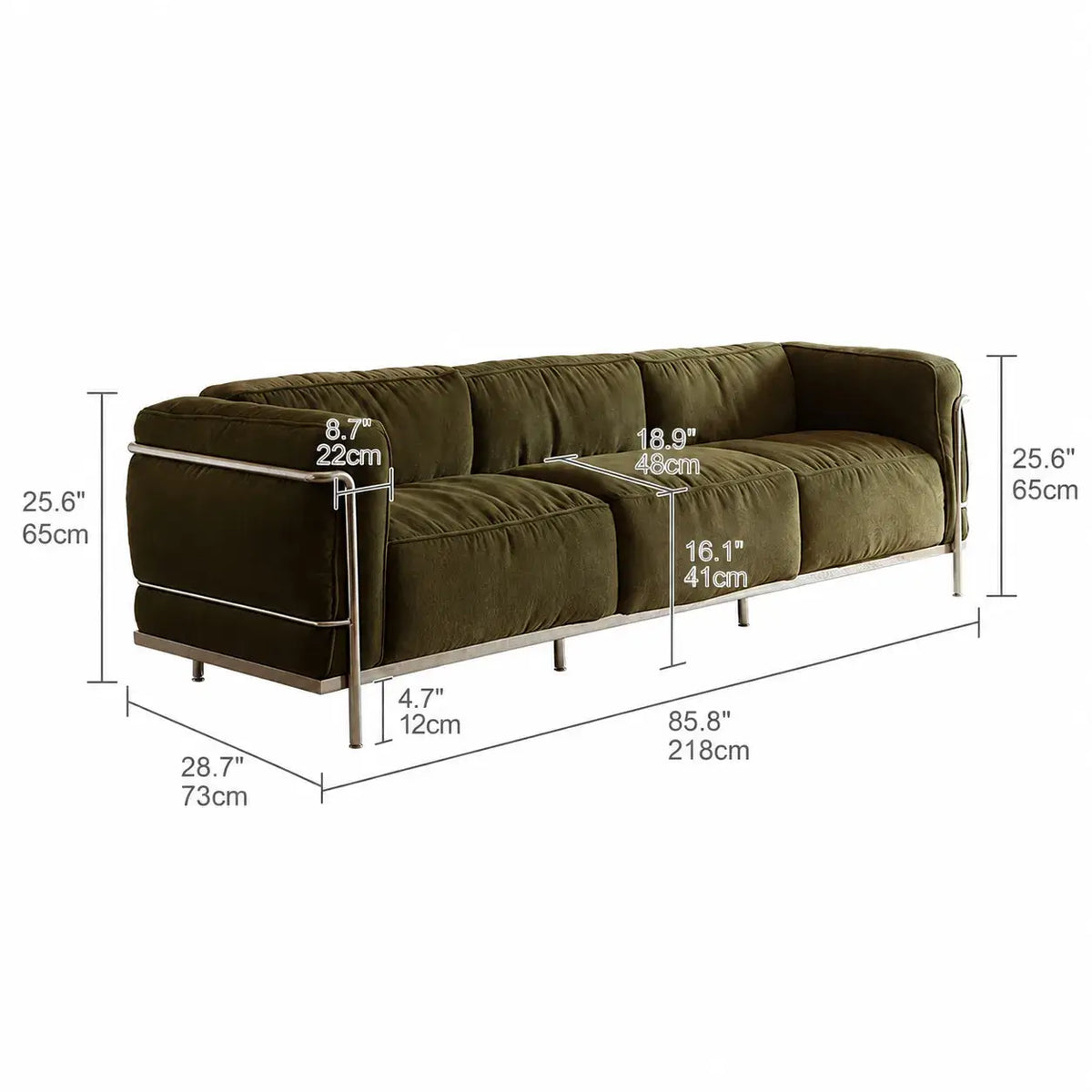 Bauhaus Sofa Series With Exposed Steel Frame and Deep Plush Lounge Seats Dimensions