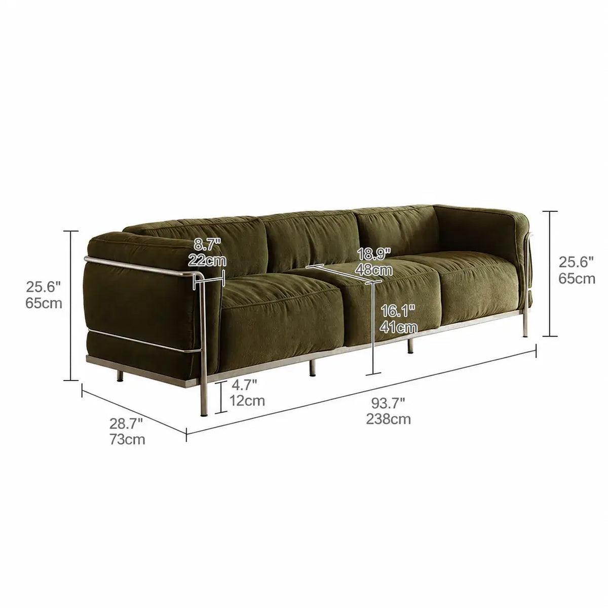 Bauhaus Sofa Series With Exposed Steel Frame and Deep Plush Lounge Seats Dimensions