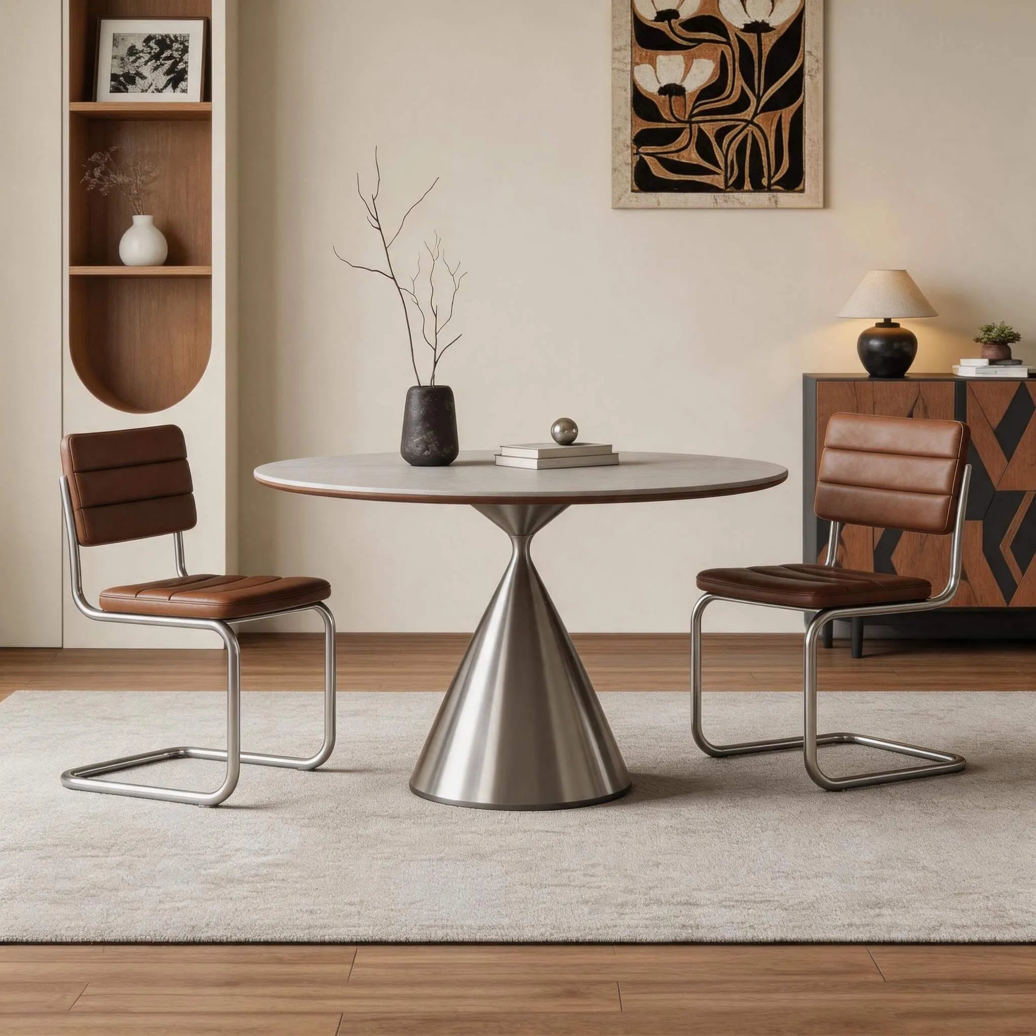 Bauhaus Travertine Sintered Stone Dining Table With Sculptural Round Form