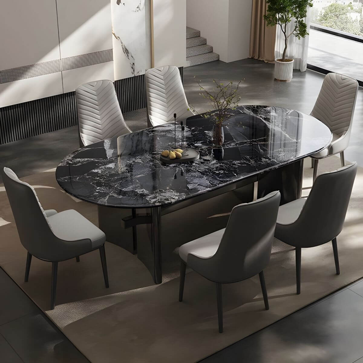 Oval dining table with black marble top and trestle metal base, modern dining room set main product image