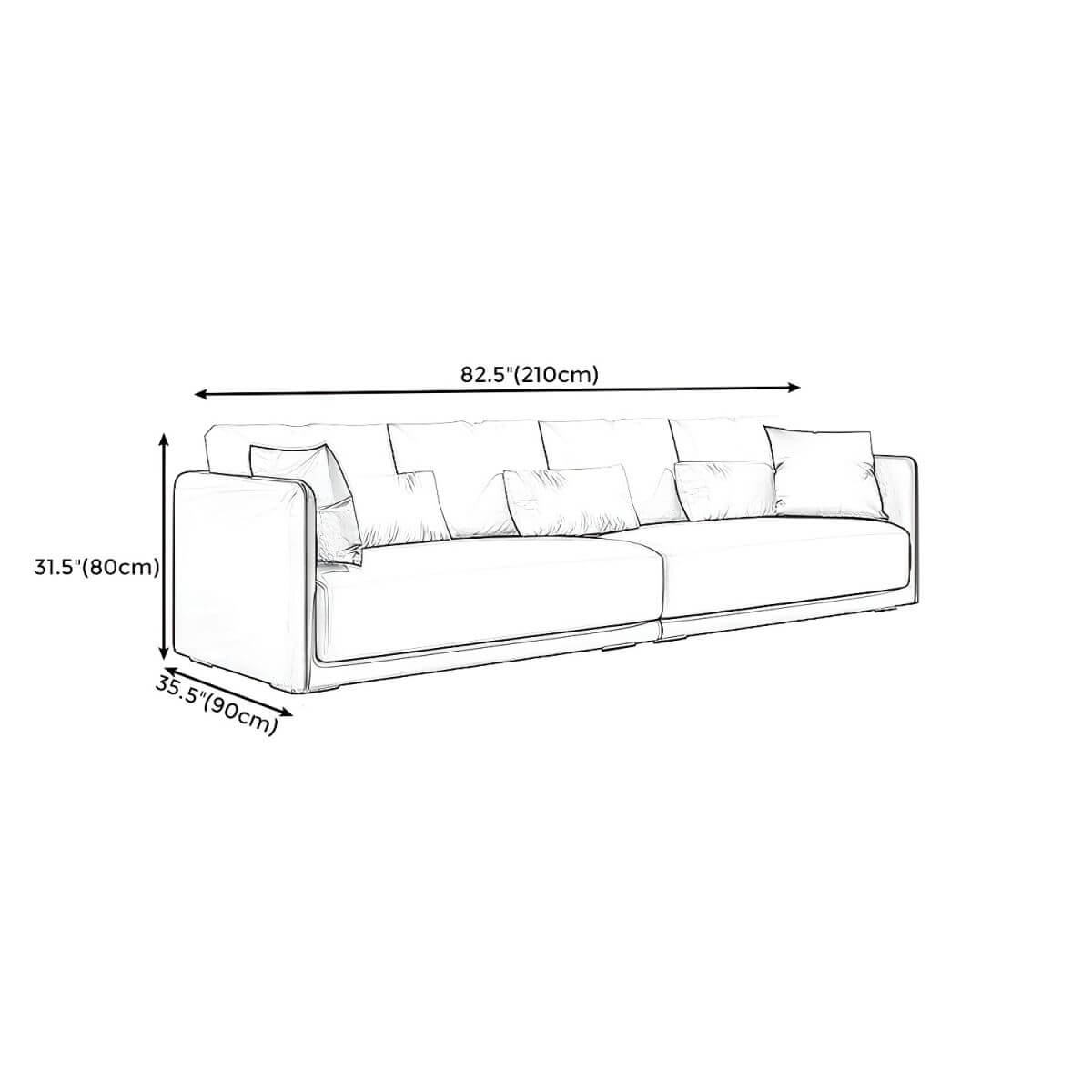 Modern 35-inch polyester sofa with square arms and bolster pillows for living room seating