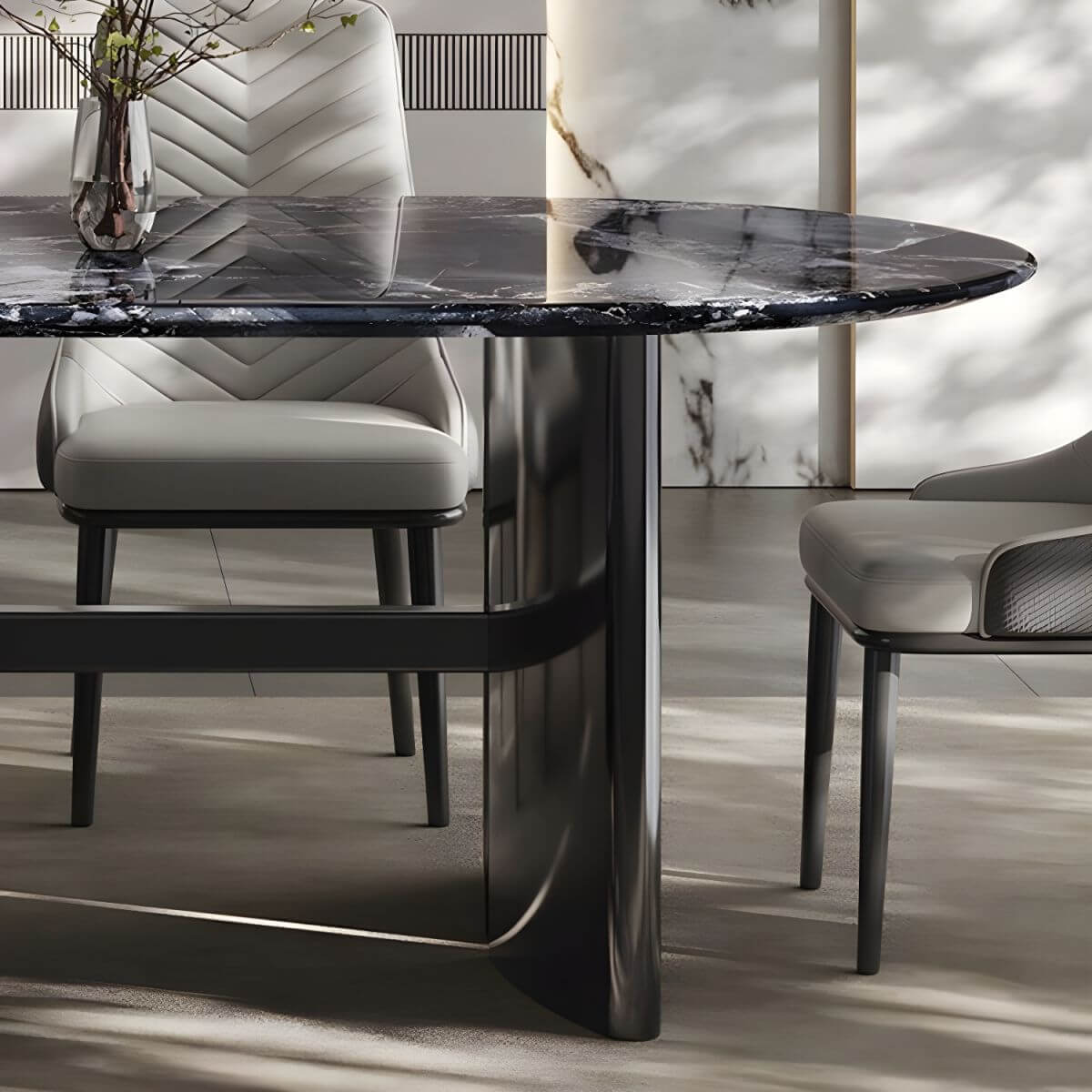 Oval dining table with black marble top and trestle metal base, modern dining room set