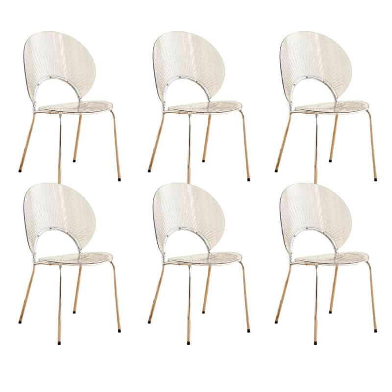 Stackable Scandinavian style dining chair with plastic seat, acrylic back, and silver legs