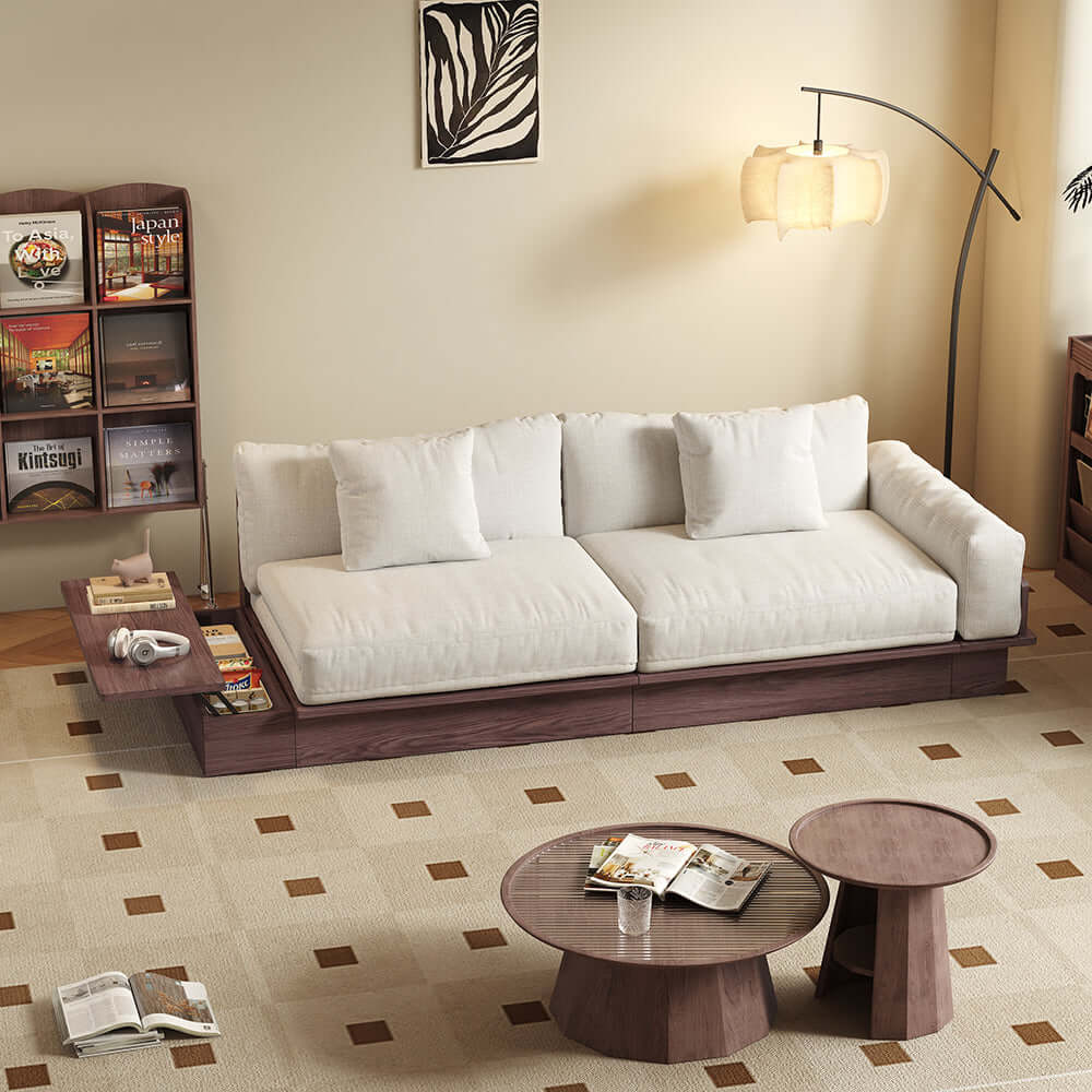 Cocochairs Floor Platform Wood Frame Sofa Bed – Reversible Armrests, Corduroy or Linen-Blend Upholstery