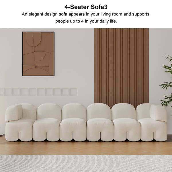 Modern white upholstered velvet floor couch, 4-seater sofa for living room seating