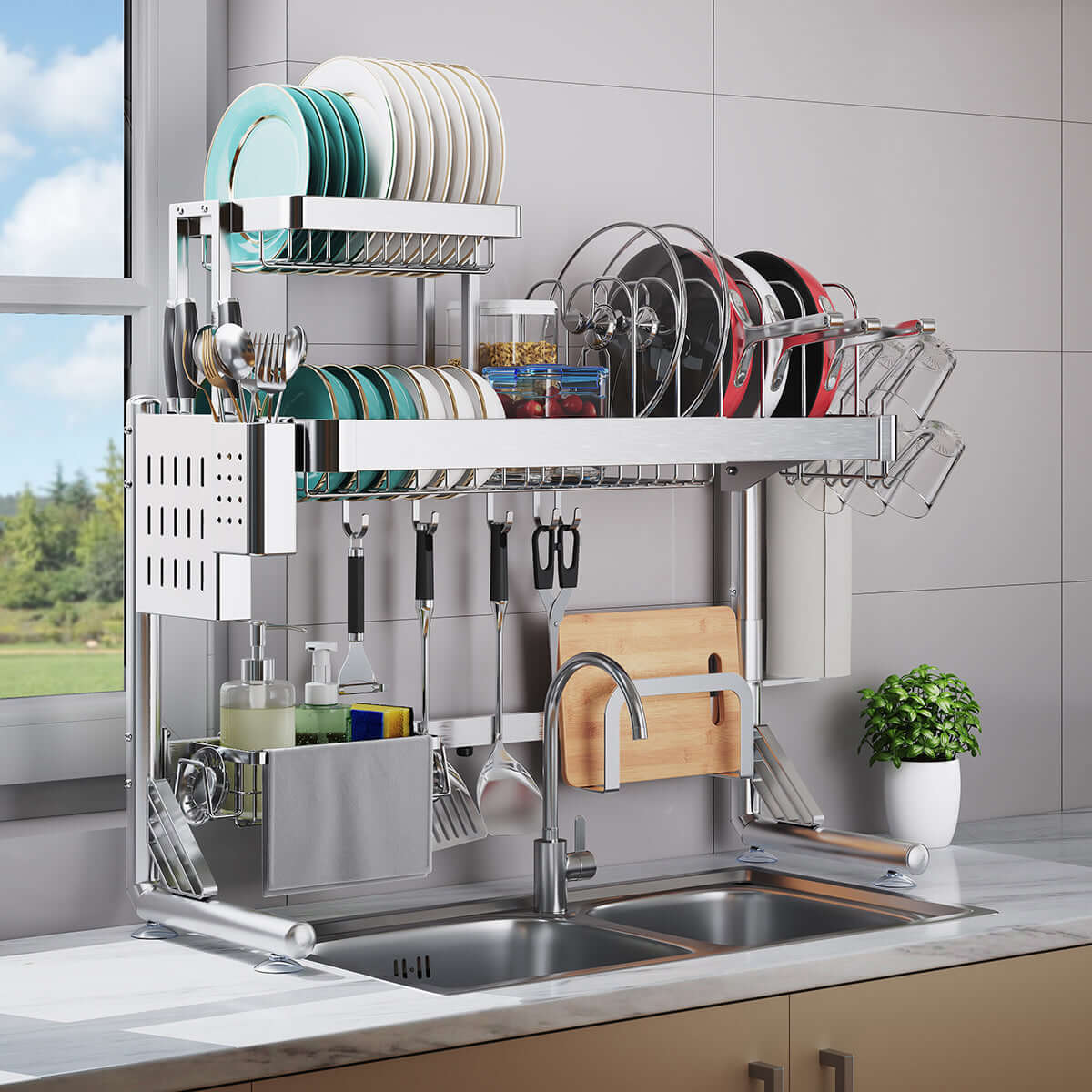 Large over-sink dish drying rack with multi-function organizer shelf for efficient kitchen storage