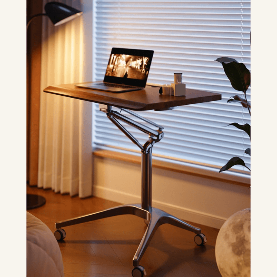 Mobile ergonomic standing desk with premium aluminium alloy frame and warm wood finish