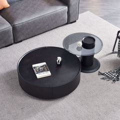 Black & Grey Round Nesting Coffee Table Set with Storage & Tempered Glass