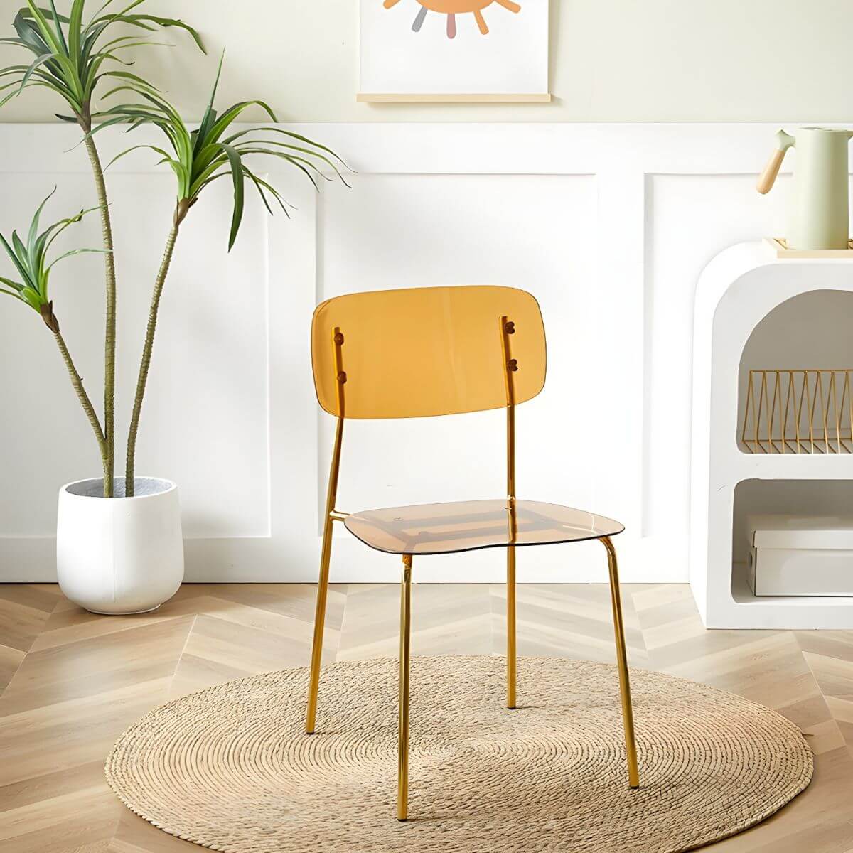 Transparent acrylic dining chair with modern design, perfect for living room and kitchen seating