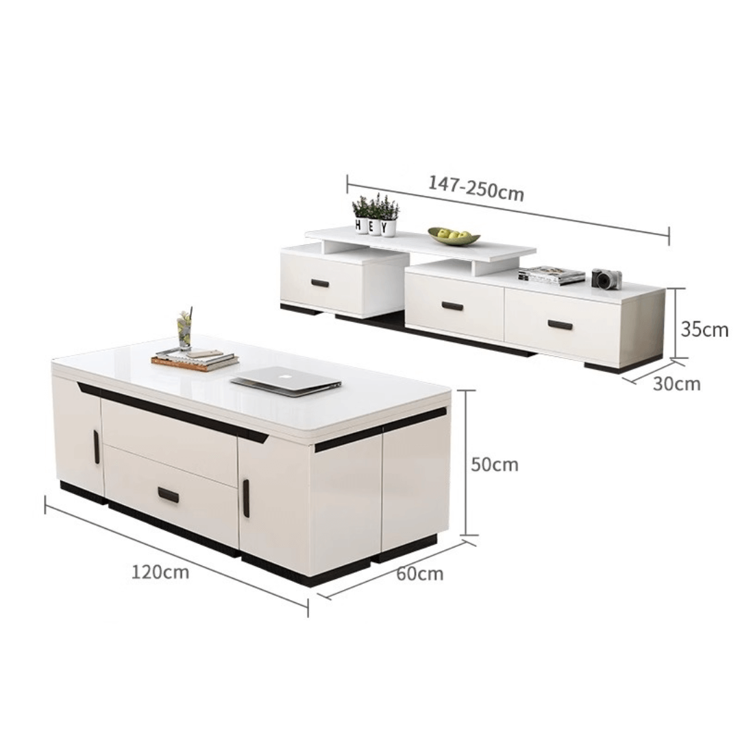White lift-top coffee table with storage and stools, perfect for compact living spaces